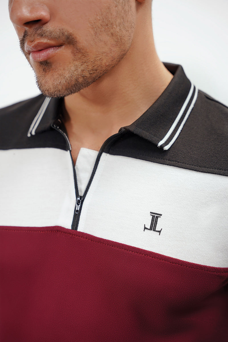Mens summer polo shirt in burgundy with black and white colour block by JULKE