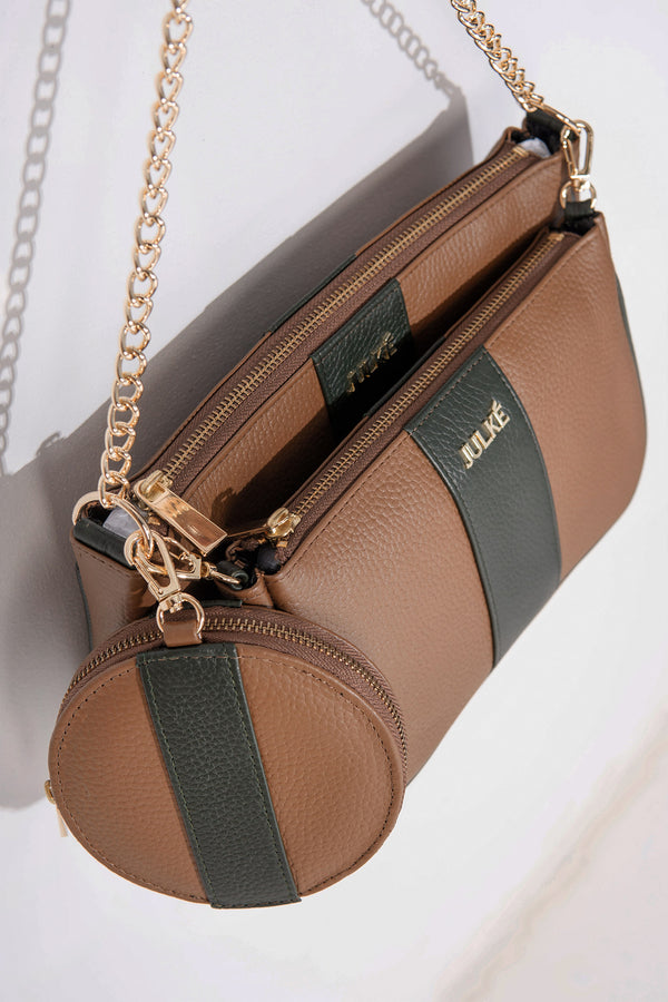 Womens leather shoulder bag 3 in 1 in brown colour with detachable pouches and gold chain by JULKE