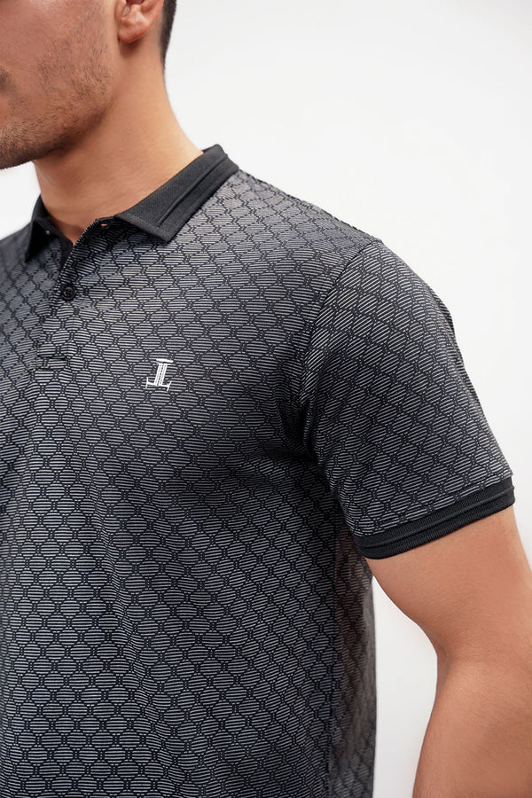 Mens summer polo shirt in dark grey with diamond pattern by JULKE