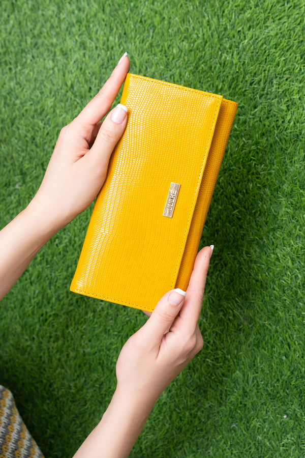 Womens leather accessory wallet in yellow colour with reptile texture by JULKE