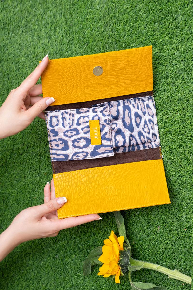 Womens leather accessory wallet in yellow colour with reptile texture by JULKE