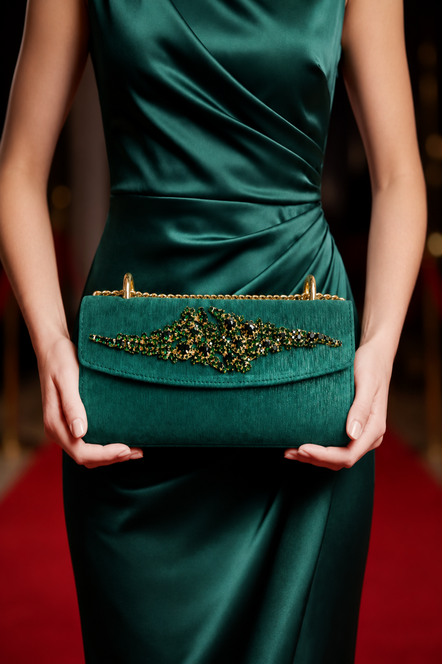 A model in a dark green satin gown holds a matching dark green clutch bag with gold-tone hardware and a beaded green and gold crest on the front flap, set against a red carpet background.