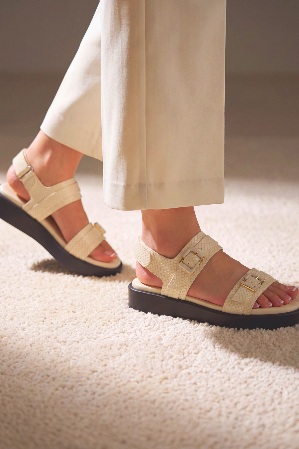 JULKE Alva Frosted Textured Slide Sandals Gold Buckle Off-White Comfort Standing