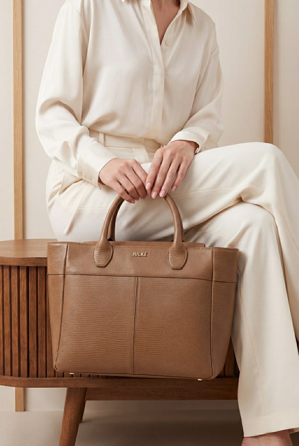 JULKE Carryall Brown Textured Leather Tote Bag Model Lifestyle Shot