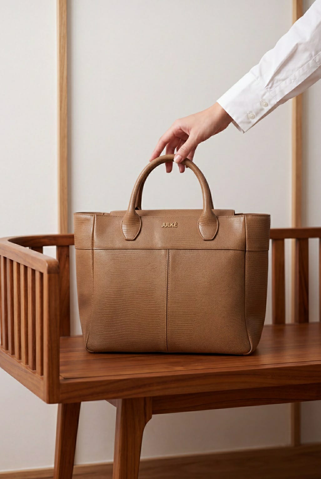 JULKE Carryall Brown Textured Leather Tote Bag on Wooden Bench Lifestyle