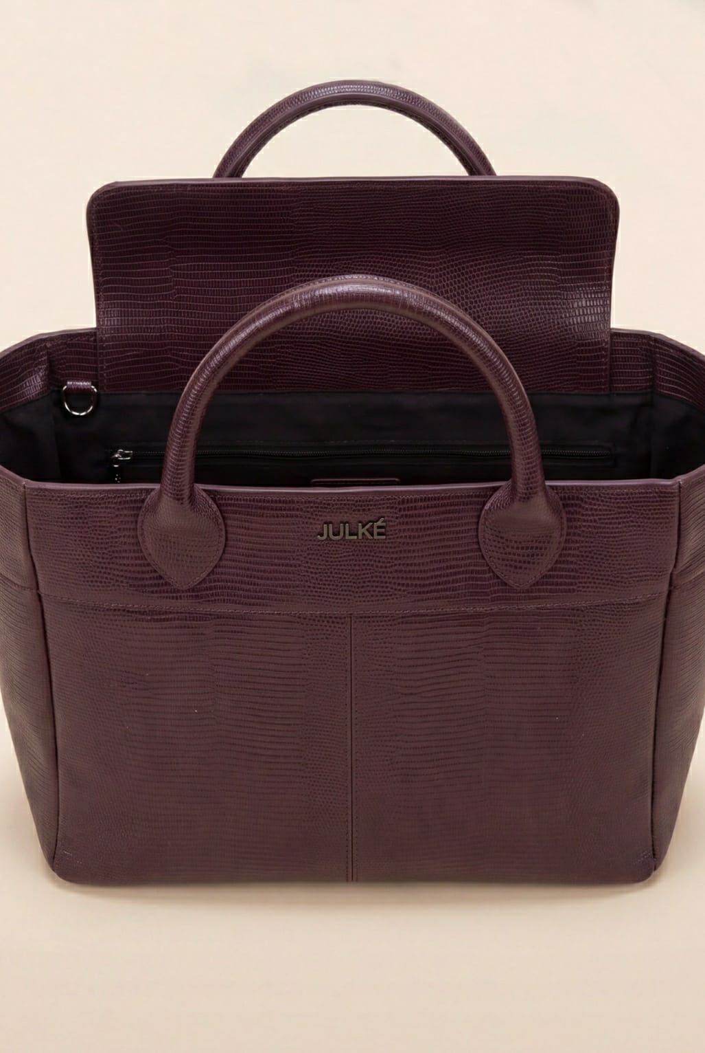 JULKE Carryall Maroon Textured Leather Tote Bag Open Interior View Showing Spacious Compartment