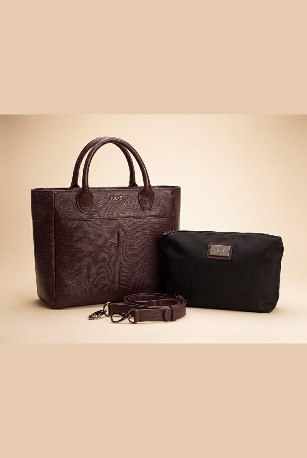 JULKE Carryall Maroon Textured Leather Tote Bag with Detachable Pouch and Adjustable Shoulder Strap