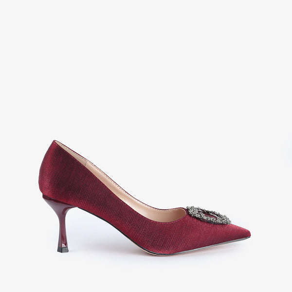 Heels for women in maroon with floral buckle by JULKE