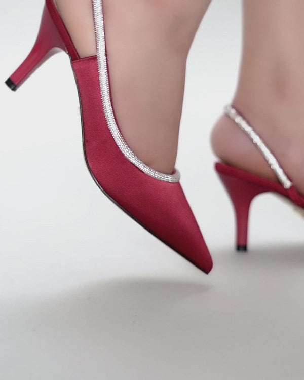 Women slingback satin heels in maroon colour with diamante strap by JULKE