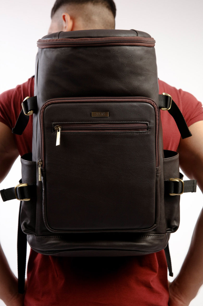 Mens original leather backpack in black colour with extra pockets for travel and hiking by JULKE