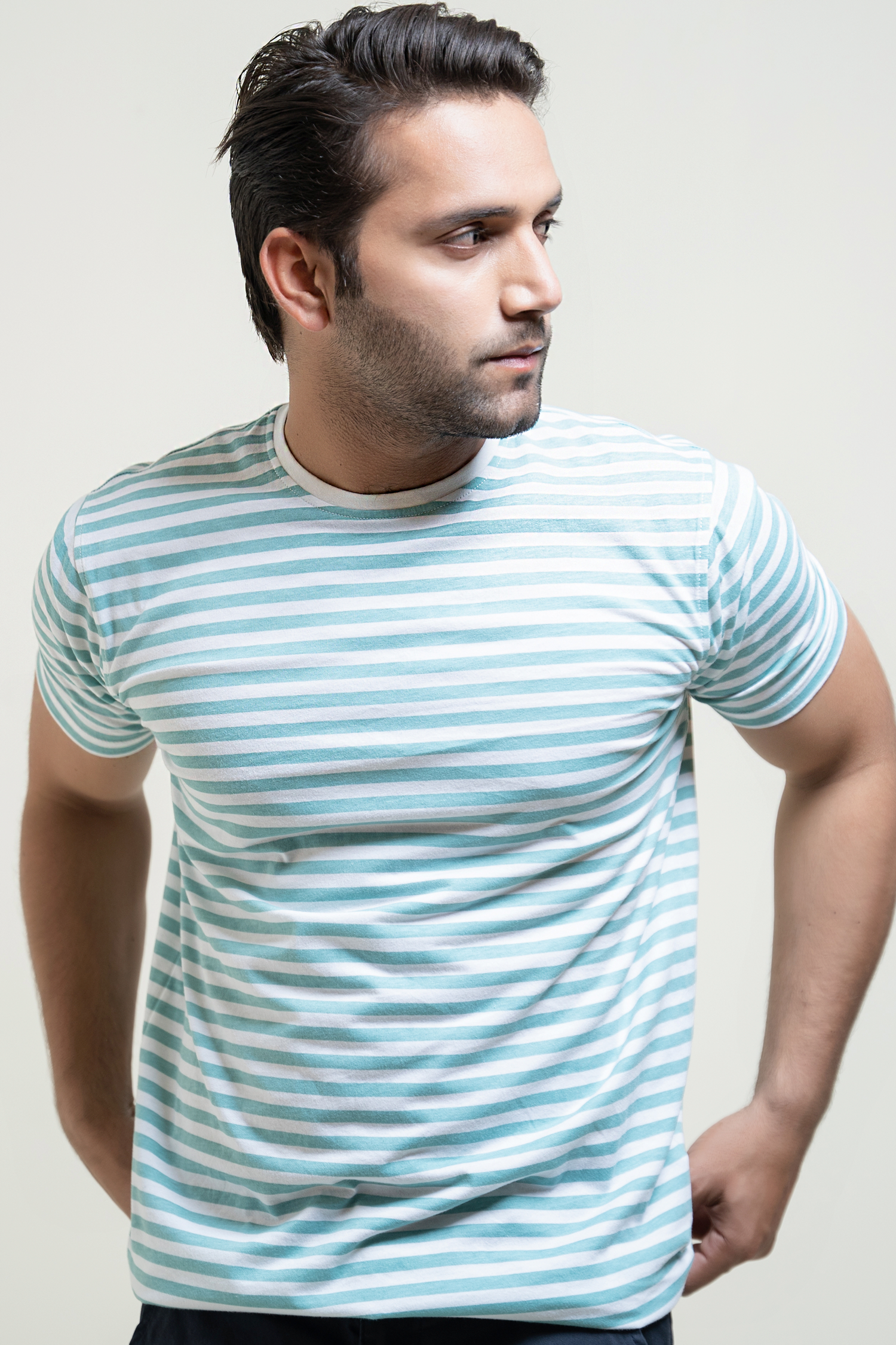 Mens t-shirt with blue and white stripes and crew neck by JULKE 