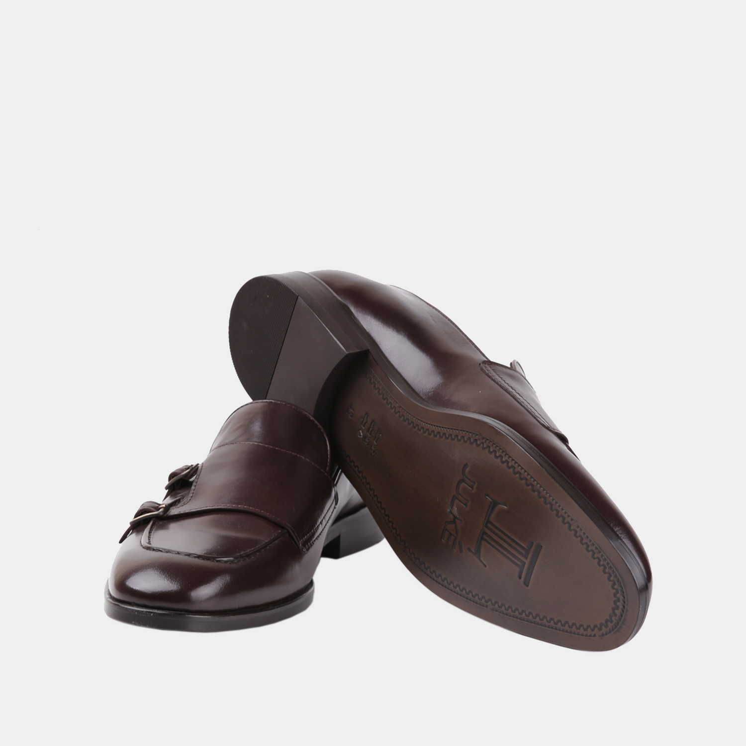 Mens slip on leather shoes in brown colour with double monk strap by JULKE. 