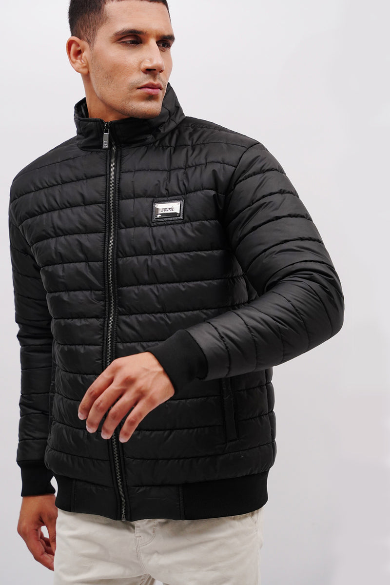 Mens winter puffer jacket with full sleeves in black colour by JULKE