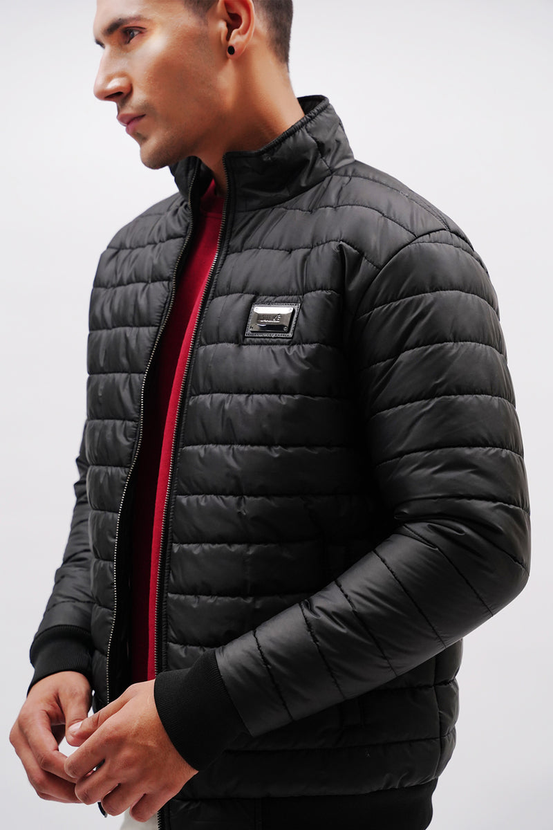 Mens winter puffer jacket with full sleeves in black colour by JULKE