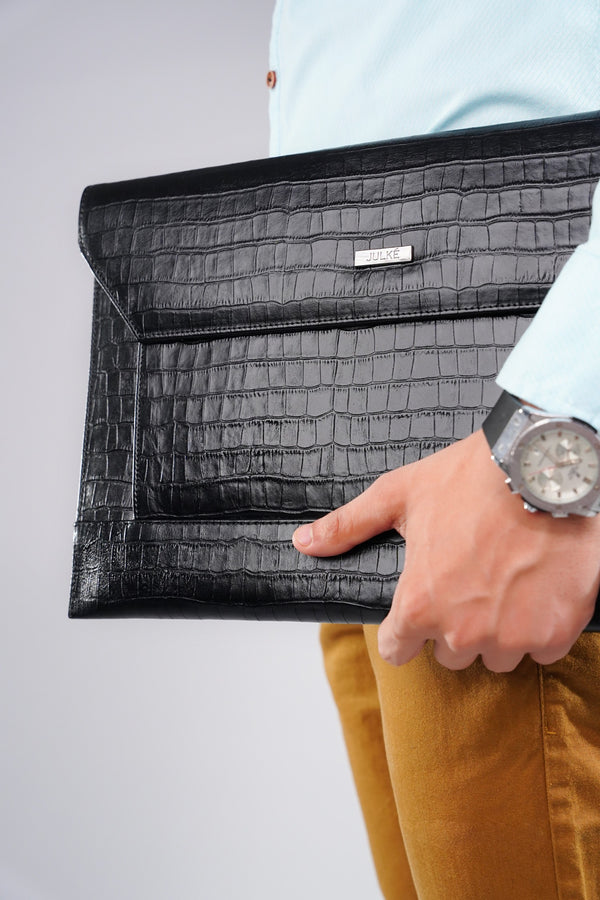 Mens leather laptop sleeve in black colour with crcoodiile texture by JULKE