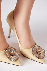 Women satin heels in gold colour with flower diamante brooch by JULKE