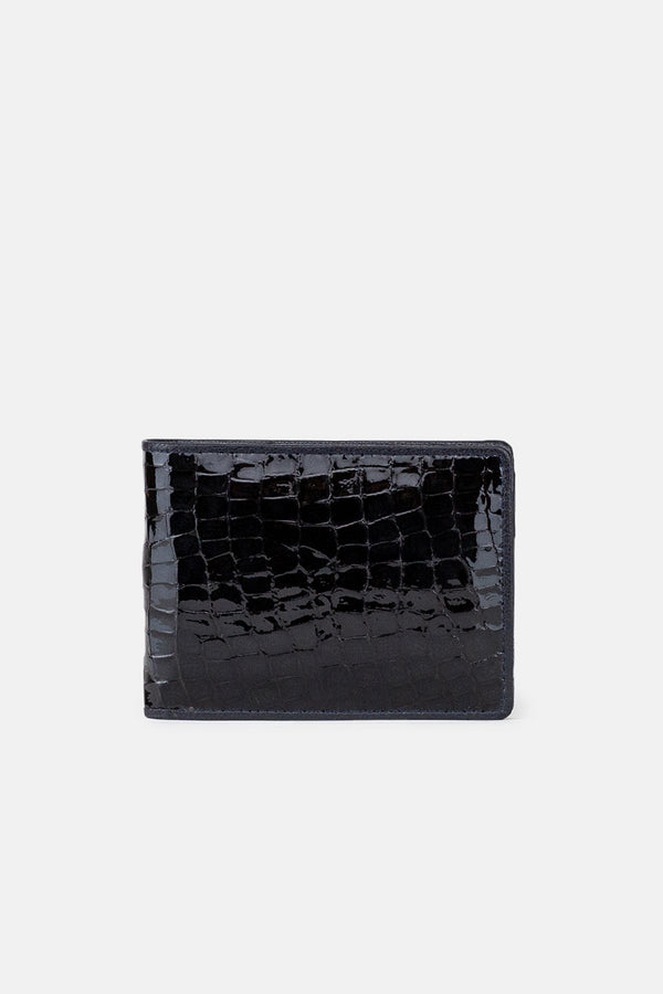 Mens original leather wallet with glossy crocodile texture in black colour by JULKE