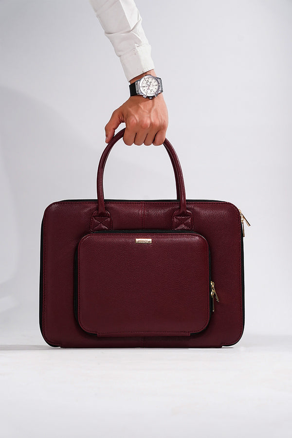 Mens leather laptop sleeve in burgundy colour with top handle