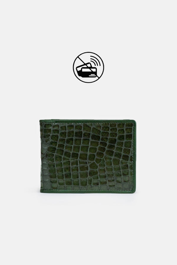 Mens original leather wallet with crocodile texture in green colour by JULKE