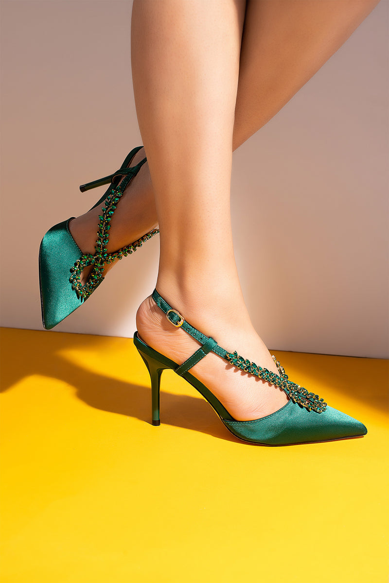 Women slingback heels in dark green colour with diamante strap by JULKE
