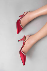 Women slingback satin heels in maroon colour with diamante strap by JULKE