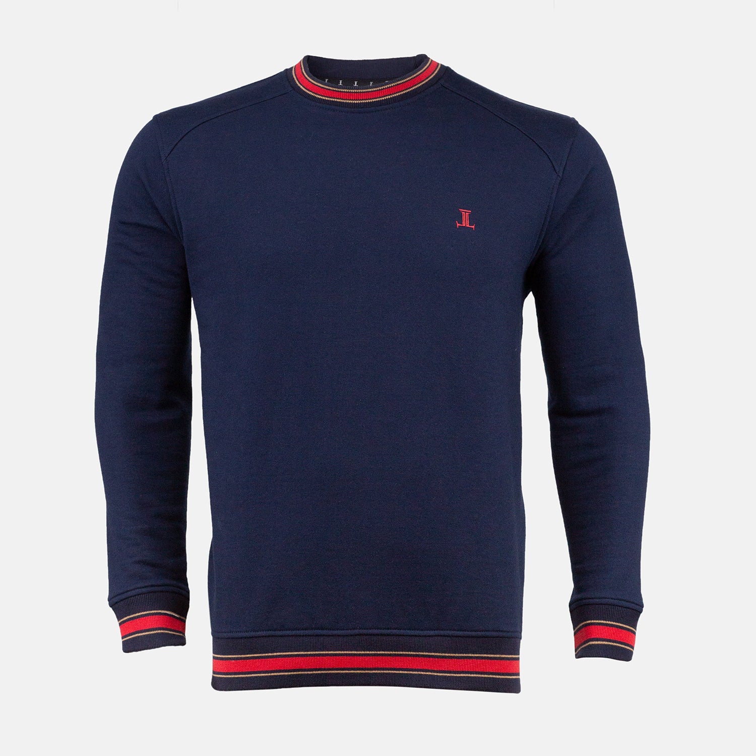Mens winter sweatshirt in dark blue colour with red sriped collar and cuffs by JULKE. 