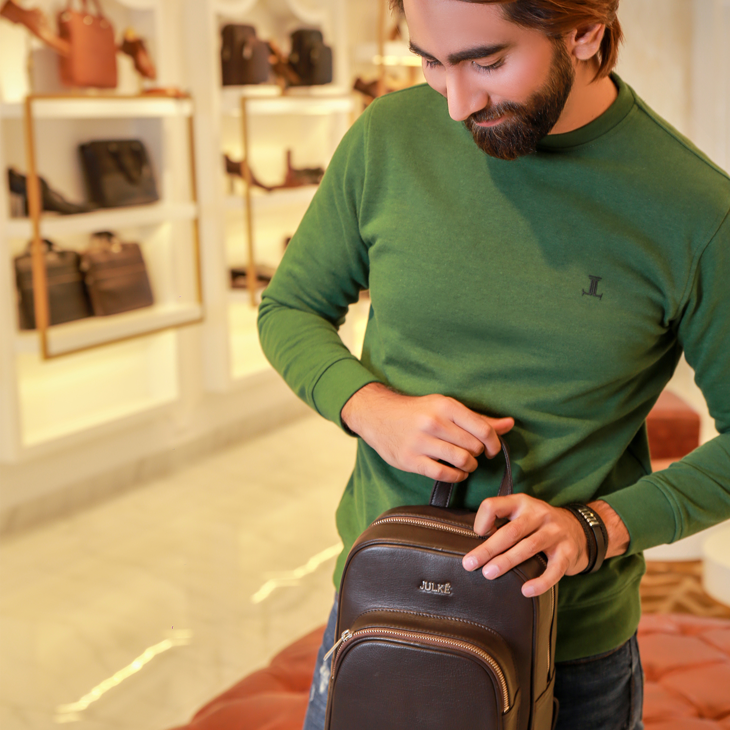 Mens winter sweatshirt in green colour with fleece lining by JULKE. 