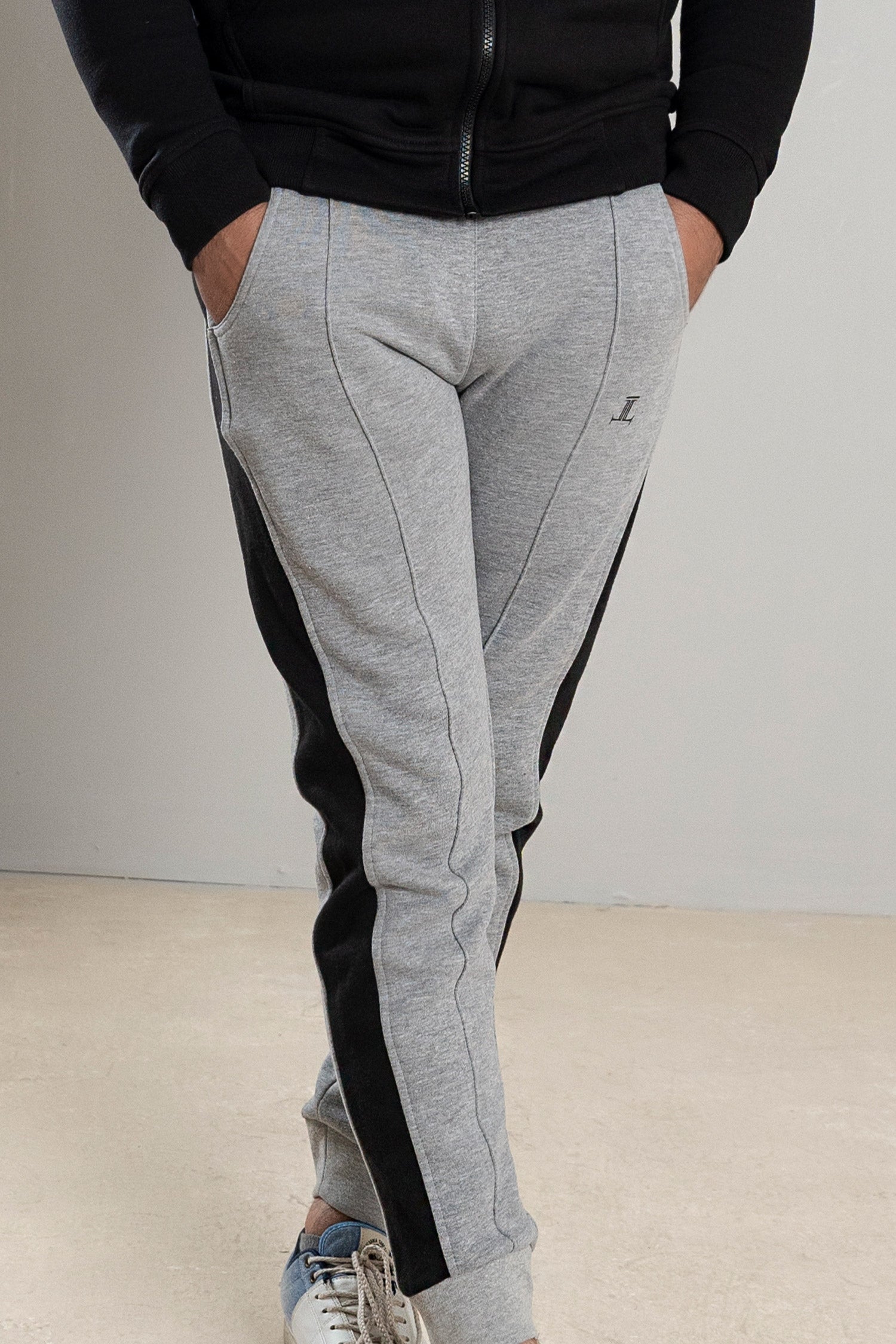 Mens winter sweatpants joggers in light grey with black stripe by JULKE