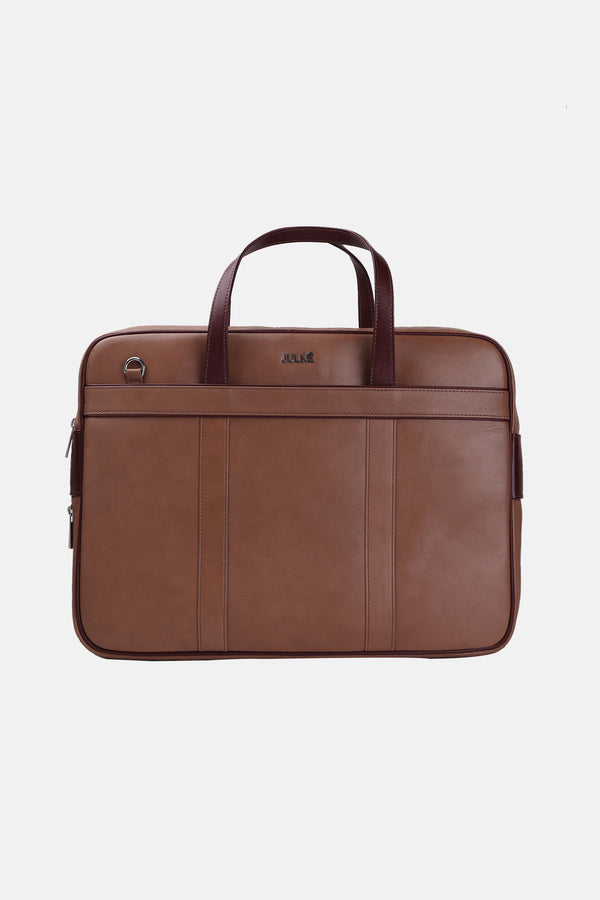 Mens original leather laptop bag in tan colour with expansion zip by JULKE
