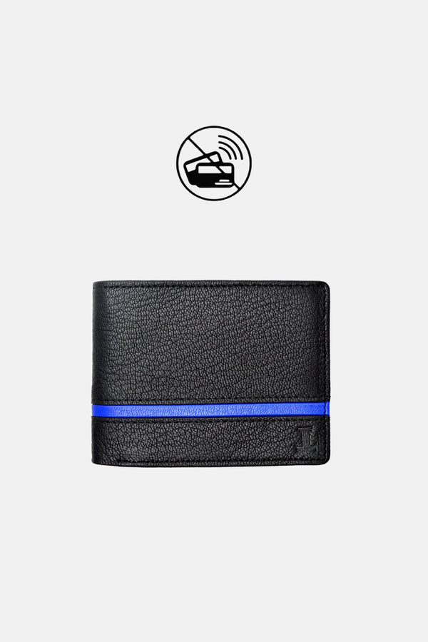 Mens original leather wallet in small size in black colour with blue strip by JULKE