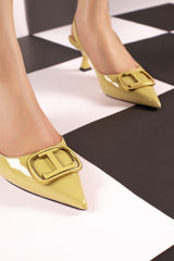 Women slingback heels in light yellow colour with logo buckle by JULKE