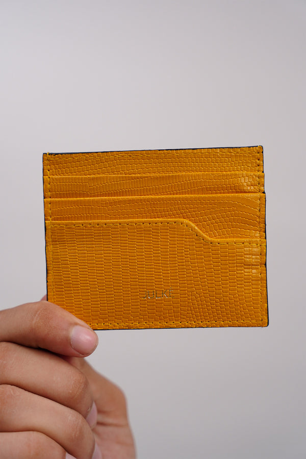Mens leather card holder with lizard texture in yellow colour by JULKE