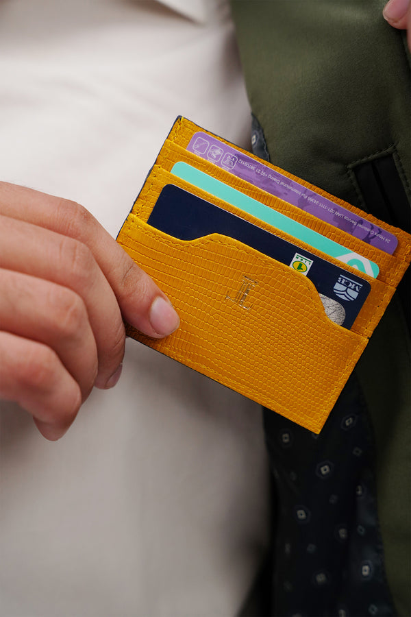 Mens leather card holder with lizard texture in yellow colour by JULKE