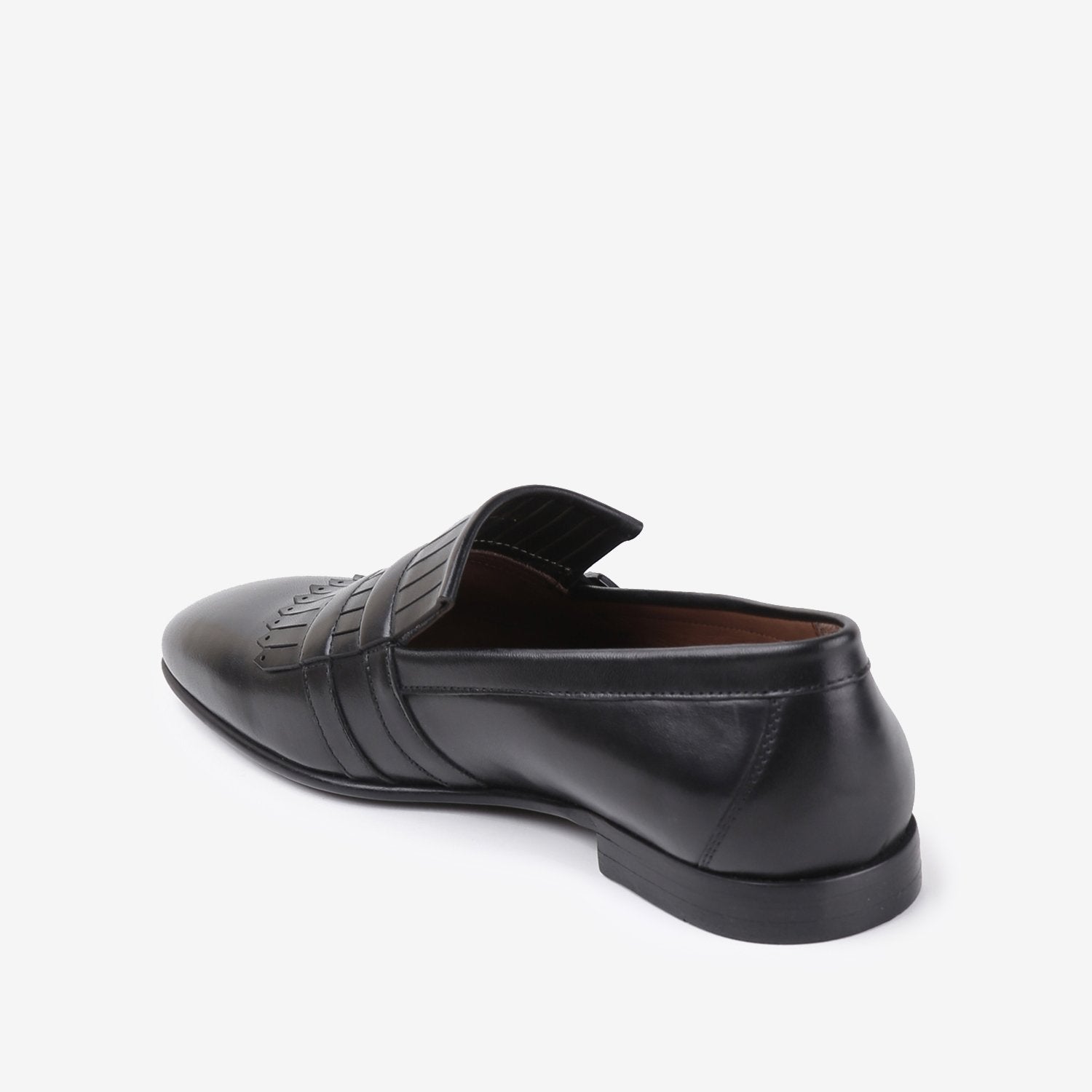Mens two-tone leather shoes in black colour with double monk strap and laser cut fringe by JULKE. 