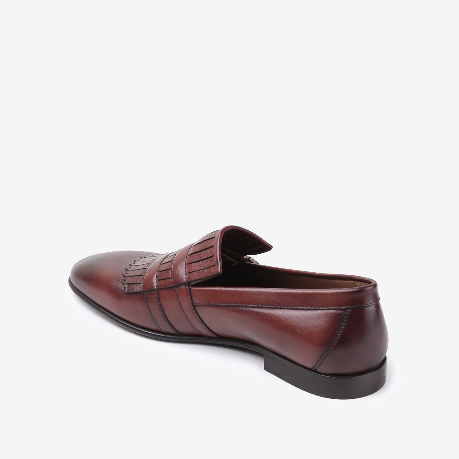 Mens two-tone leather shoes in rust brown colour with double monk strap and laser cut fringe by JULKE. 