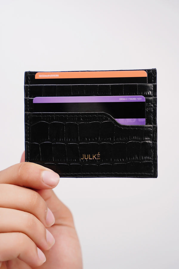 Mens leather card holder with croc texture in black colour by JULKE