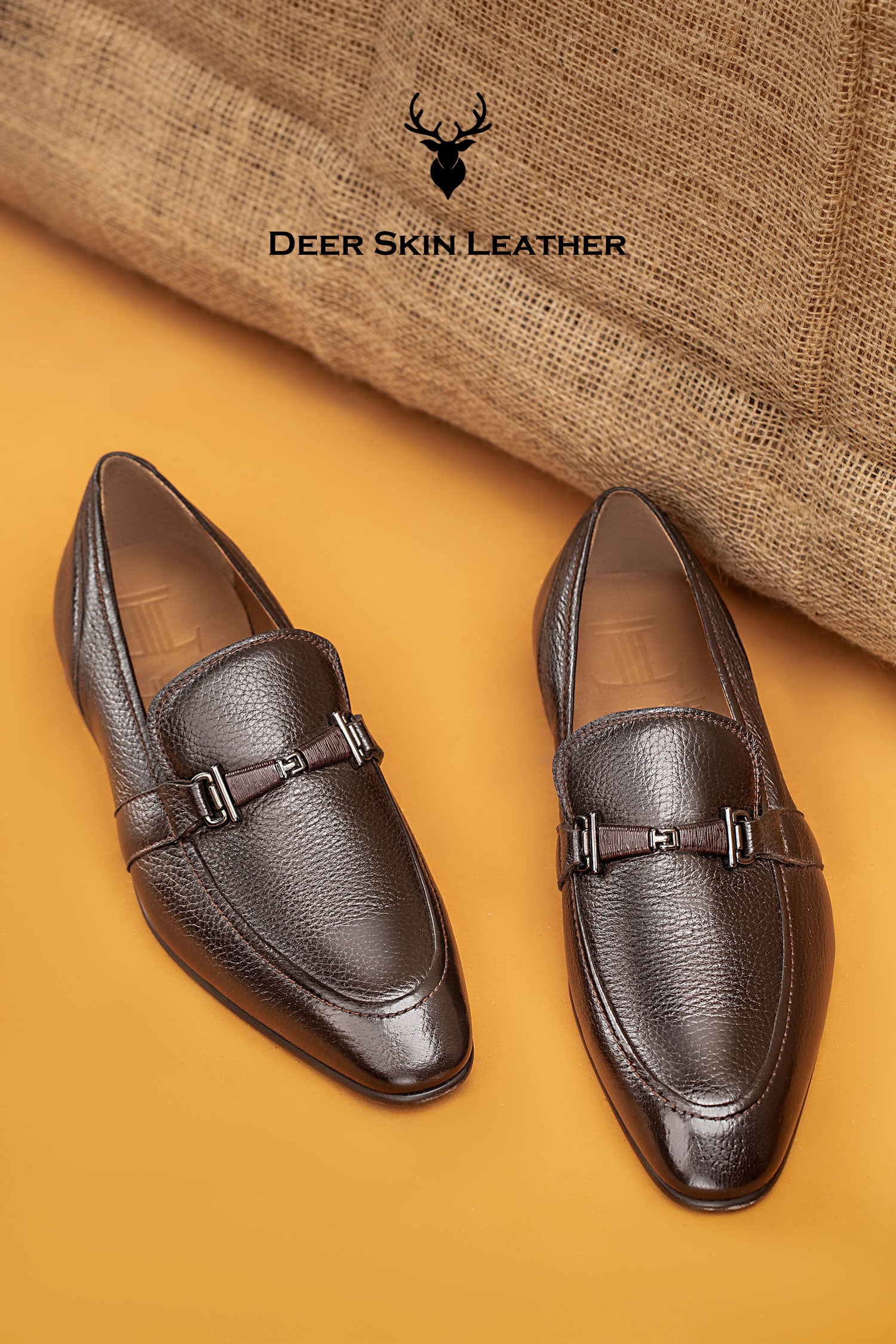 Mens original deerskin leather shoes in brown colour with silver buckle by JULKE. 